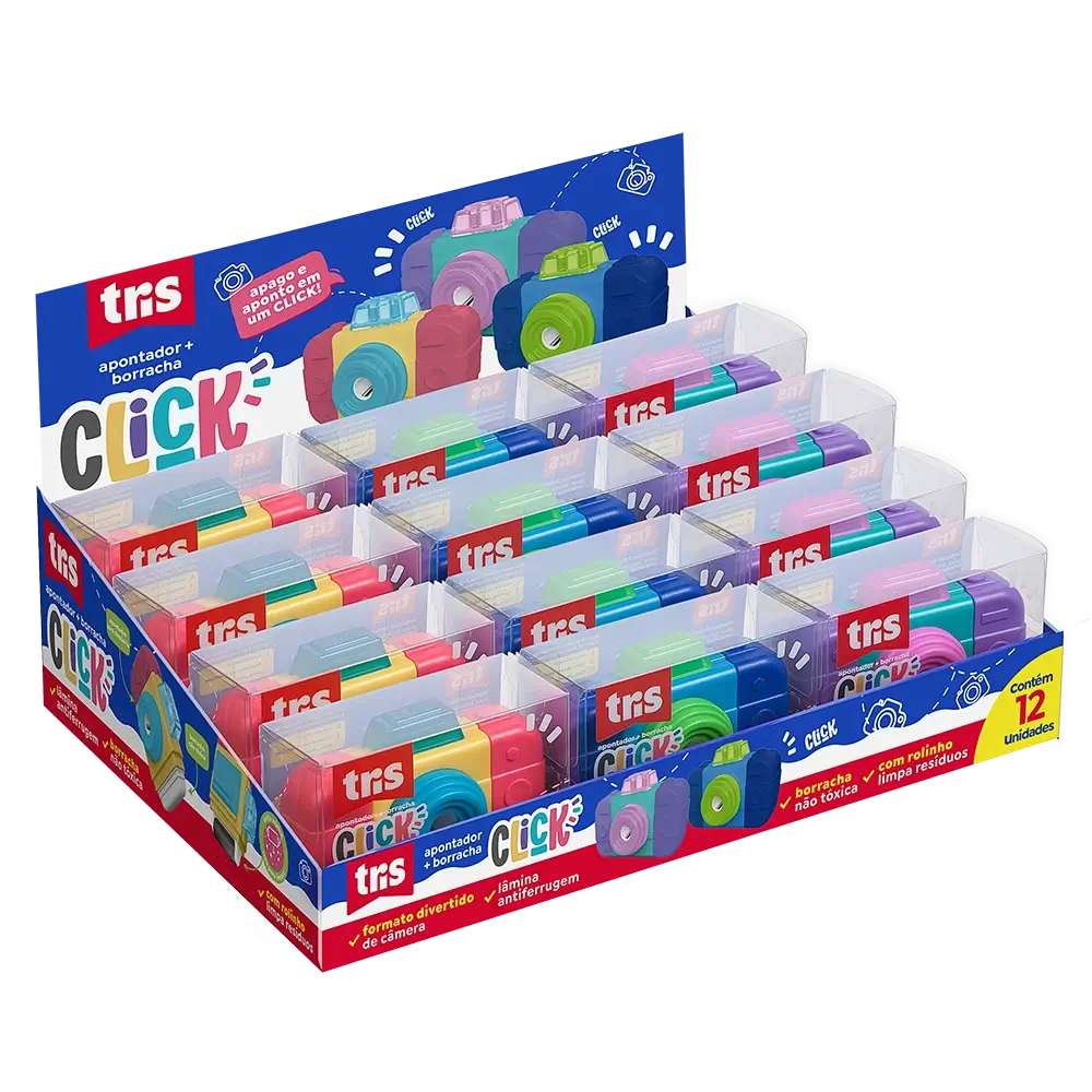 Apontador com Depósito + Borracha + Rolinho Click - Cores Sortidas -Display C/12 un - Tris - Imagem 1