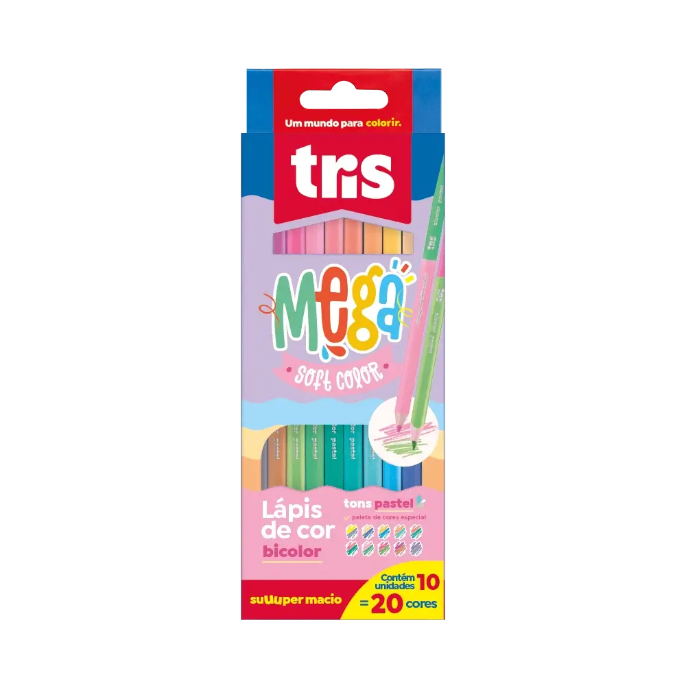 Lápis de Cor Ponta Dupla Pastel Mega Soft Color - Bicolor - 20 Cores -Tris - Imagem 1