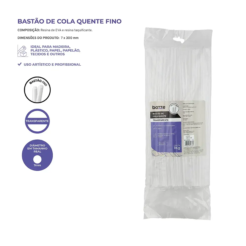 Bastão de Cola Quente Fina – Silicone Transparente - 1kg – Bazze - Imagem 3