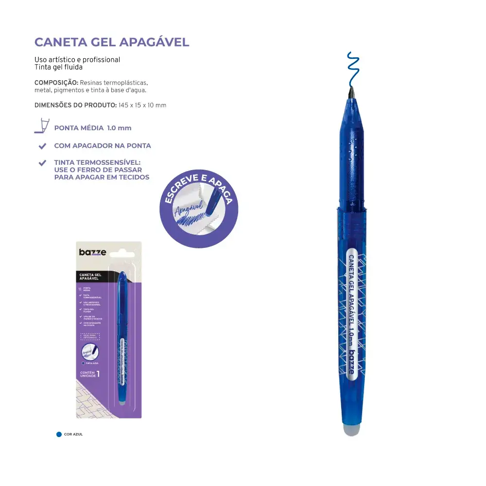 Caneta Gel Apagável Azul - 1.0mm - Cartela C/ 1 un - Bazze - Imagem 4