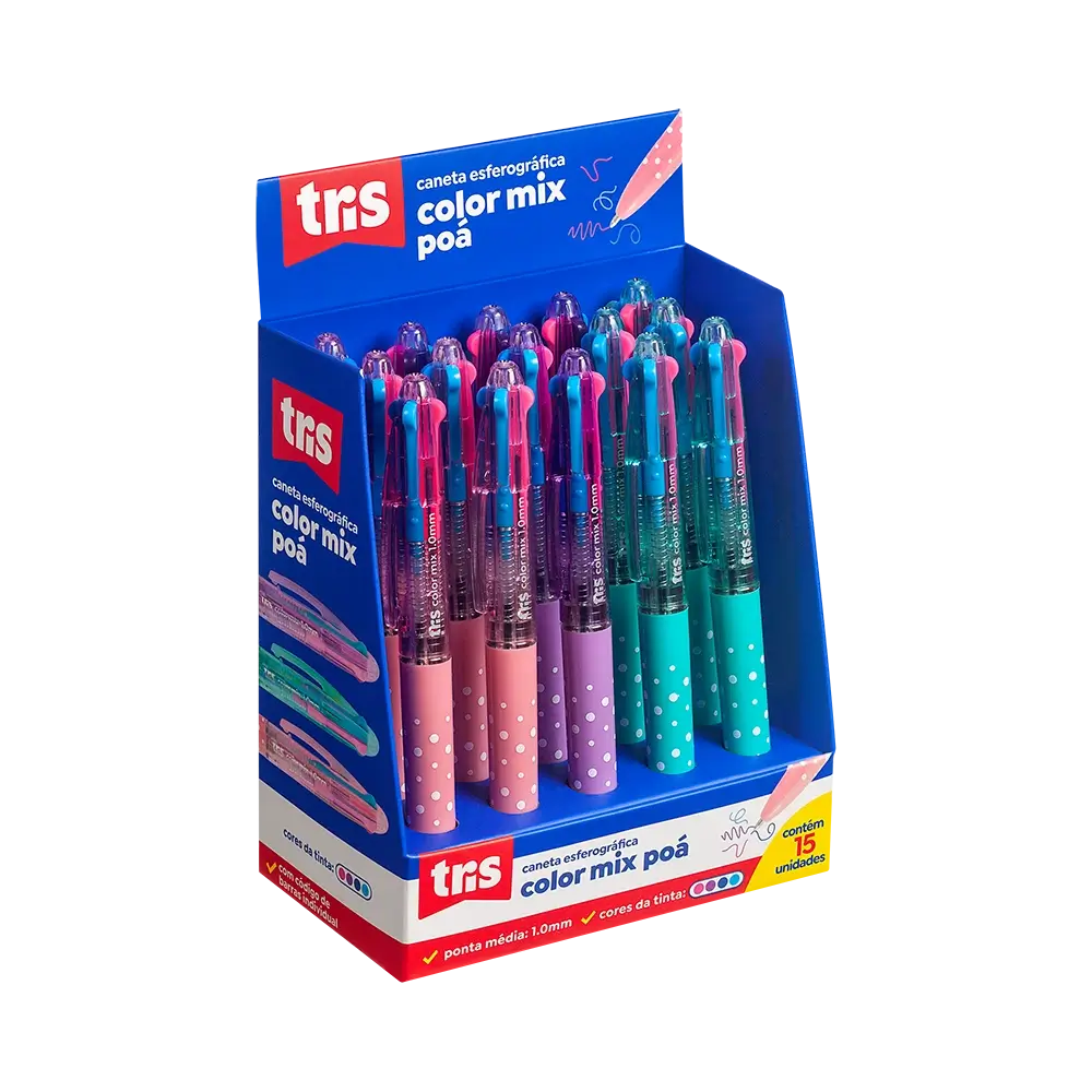 Caneta Esferográfica ColorMix Poá - 4 cores - Display 15 un - Tris - Imagem 1