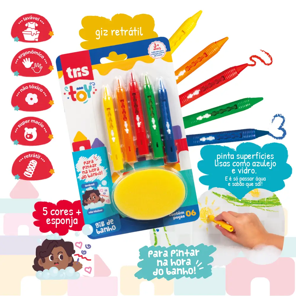 Giz de Banho Toy - 5 Cores + 1 Esponja - Tris - Imagem 3