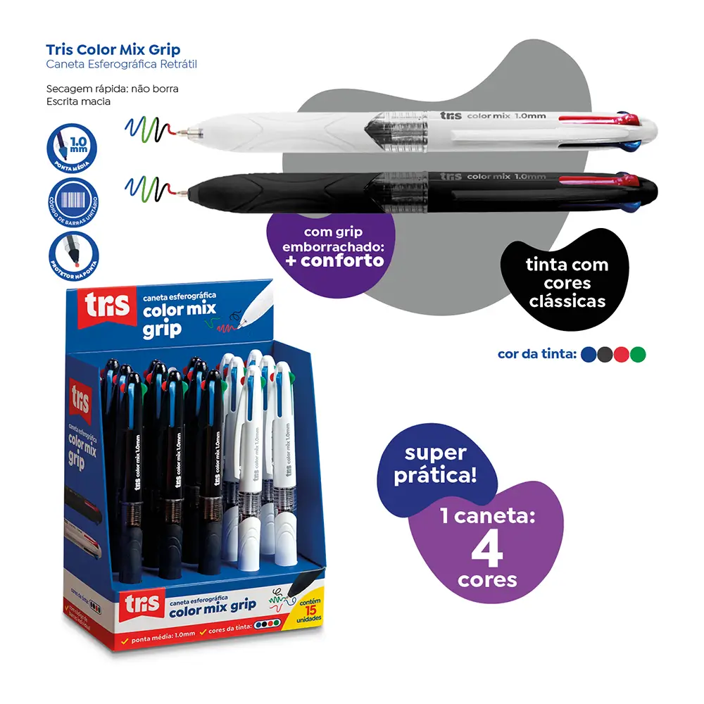 Caneta Esferográfica 4 Cores ColorMix Grip - 1.0mm - Display C/15 un -Tris - Imagem 3