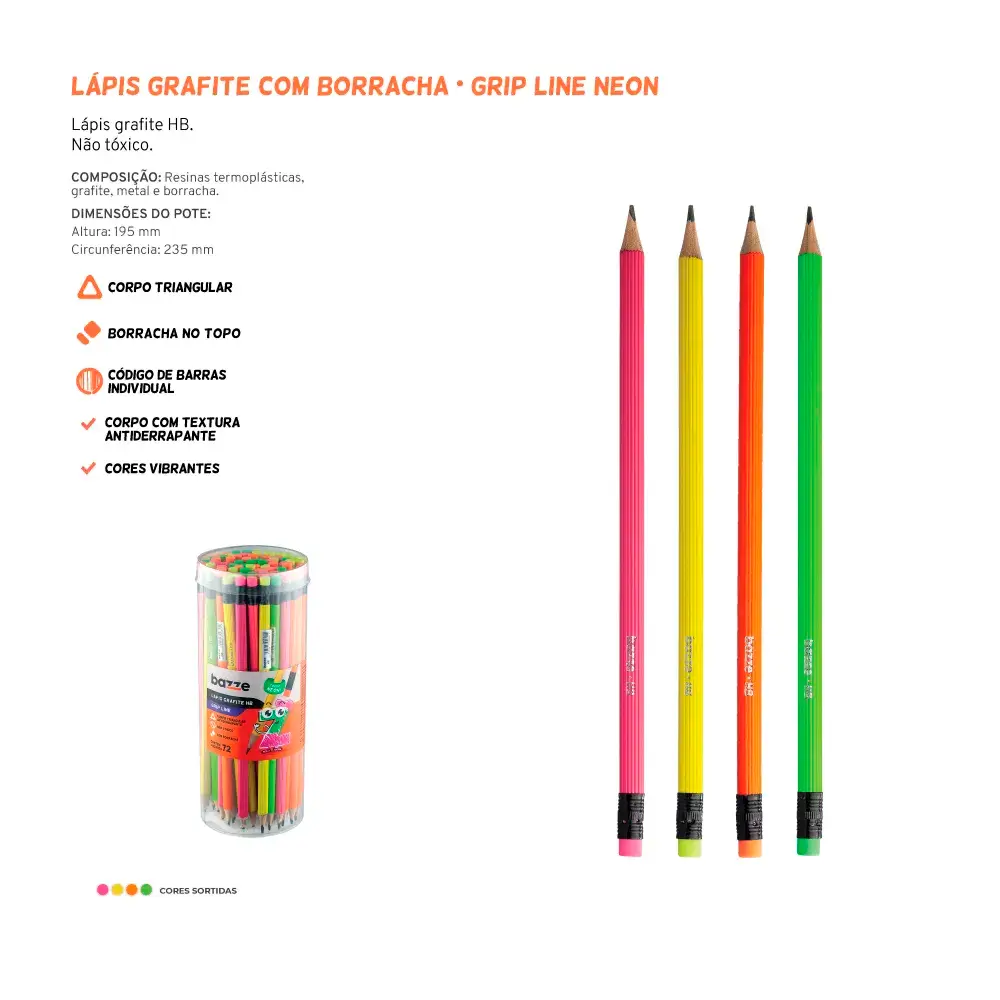 Lápis Grafite com Borracha - HB - Neon - Pote C/72 un - Bazze - Imagem 3