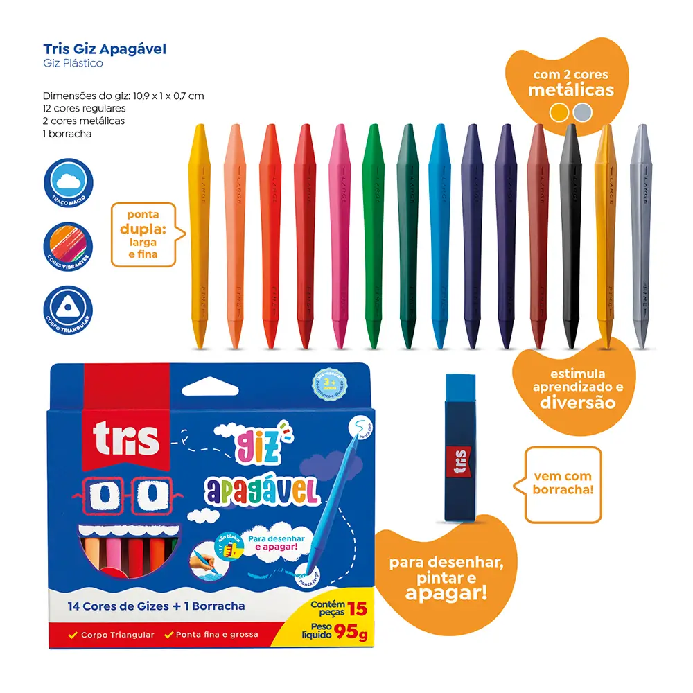 Giz Apagável - 12 Cores Regulares + 2 Cores Metálicas + Borracha - Tris - Imagem 3