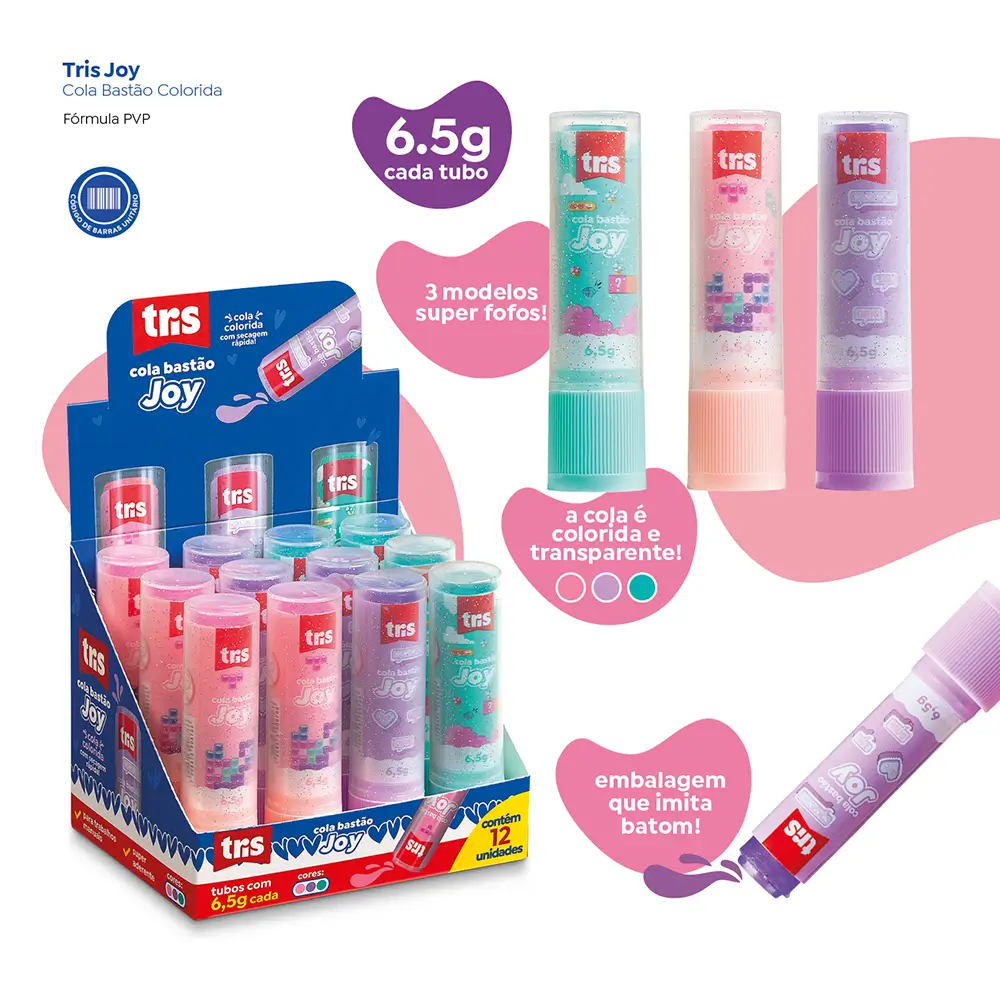 Cola Bastão Joy - Tubo 6,5g - Display C/ 12 un - Tris - Imagem 3