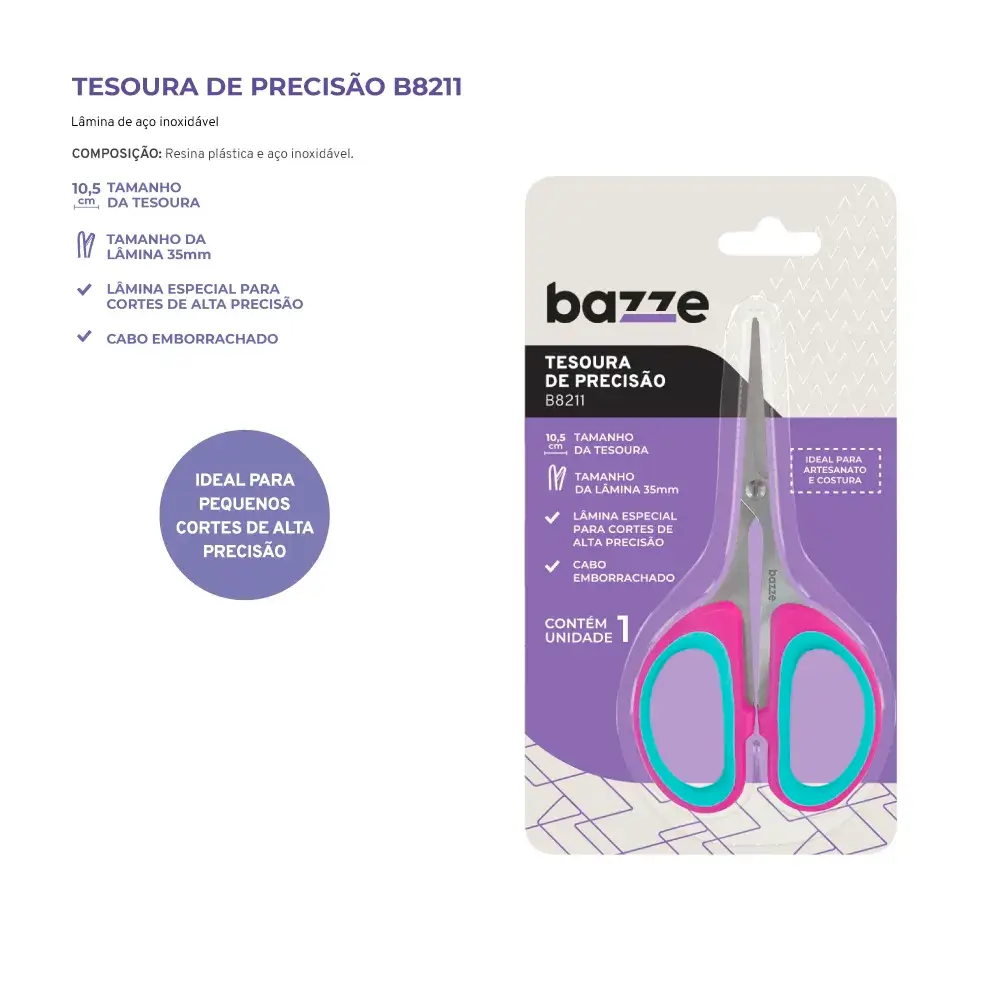 Tesoura de Precisão B8211 - 10,5cm - Cartela C/ 1 un - Bazze - Imagem 3