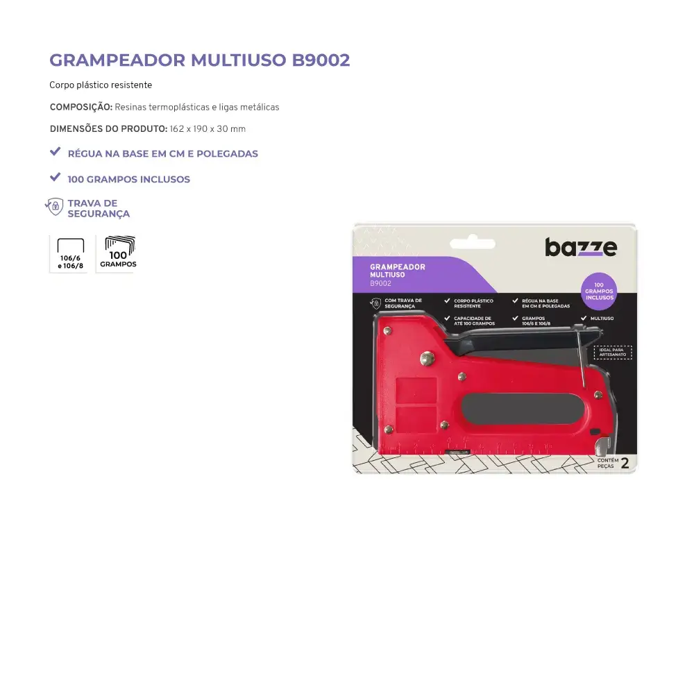 Grampeador Multiuso B9002 - 106/6 e 106/8 - C/ Grampos - Bazze - Imagem 3