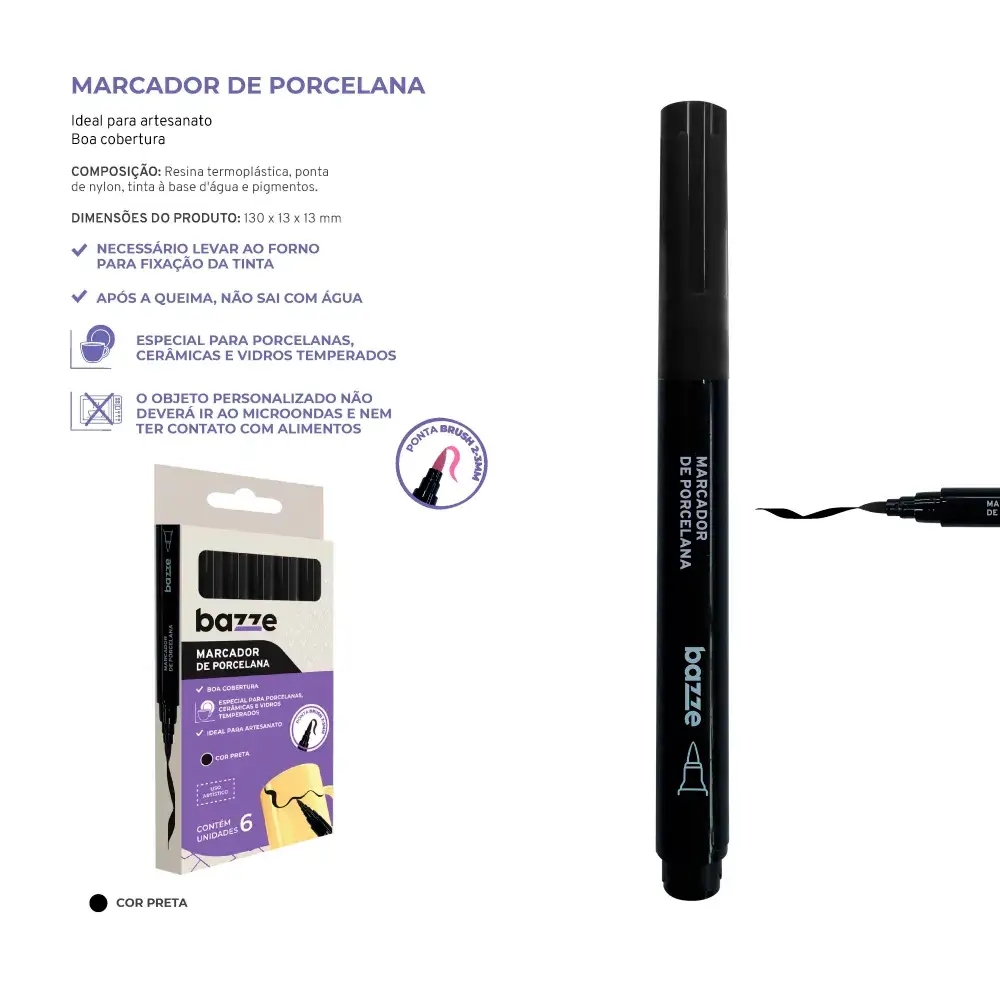 Marcador de Porcelana - Preto - Caixa C/6 un - Bazze - Imagem 4