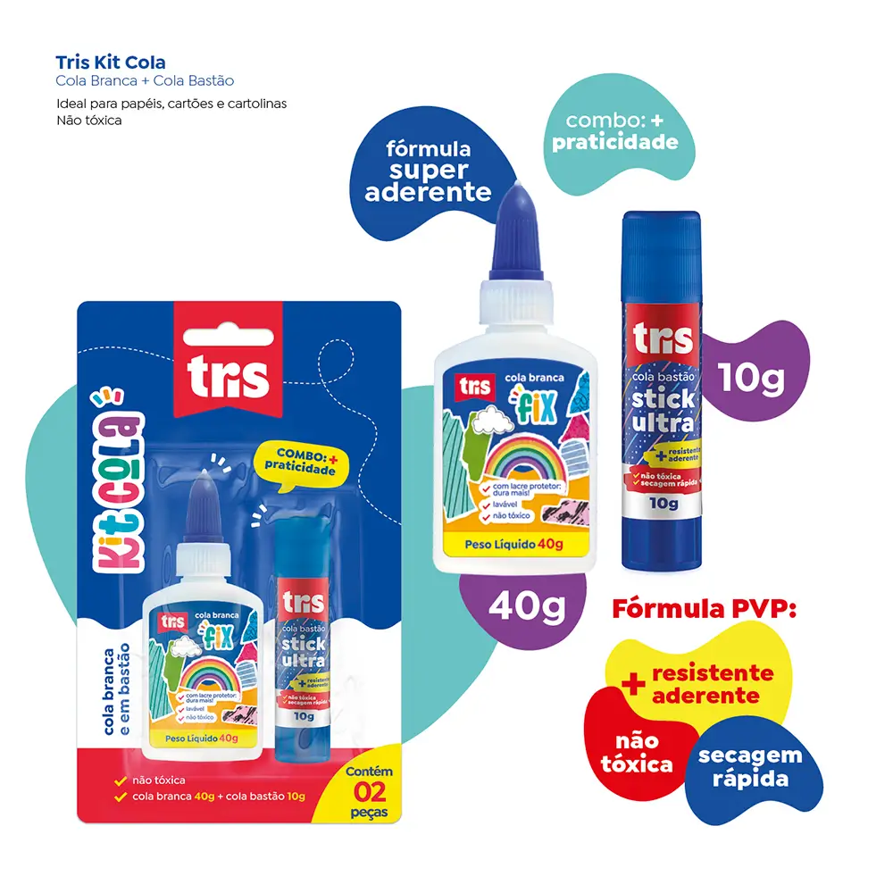 Kit Cola Branca Fix 40g + Cola Bastão Stick Ultra 10g - Cartela C/ 2un -Tris - Imagem 3