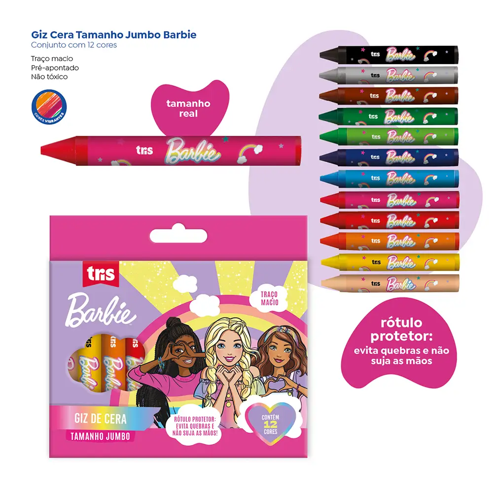 Giz de Cera Tamanho Jumbo - 12 Cores - Barbie - Imagem 3
