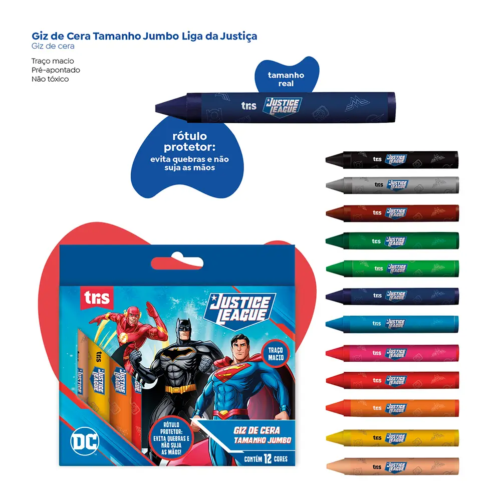 Giz de Cera Tamanho Jumbo - 12 Cores - Liga da Justiça - Imagem 3