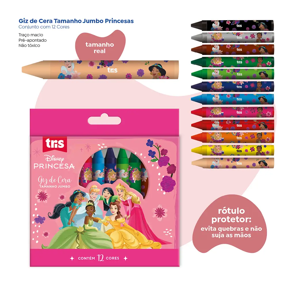 Giz de Cera Tamanho Jumbo - 12 Cores - Princesas - Imagem 3