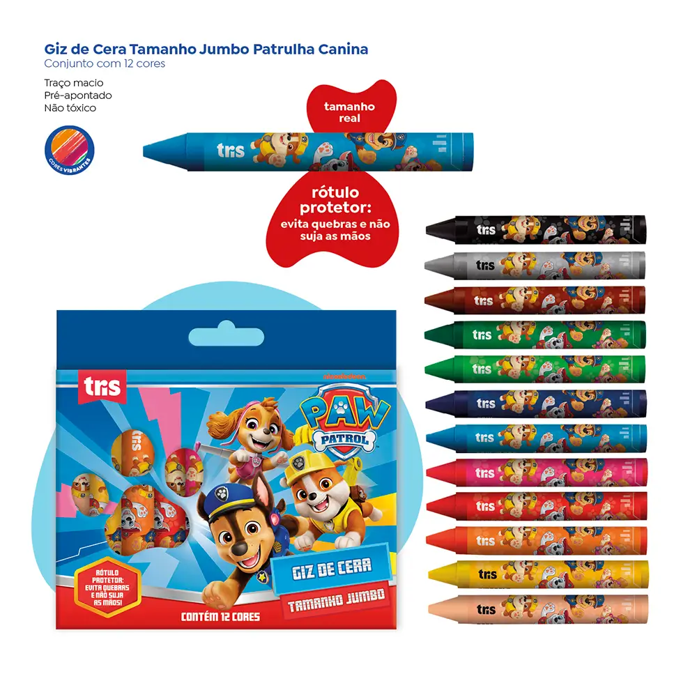 Giz de Cera Tamanho Jumbo - 12 Cores - Patrulha Canina - Imagem 3
