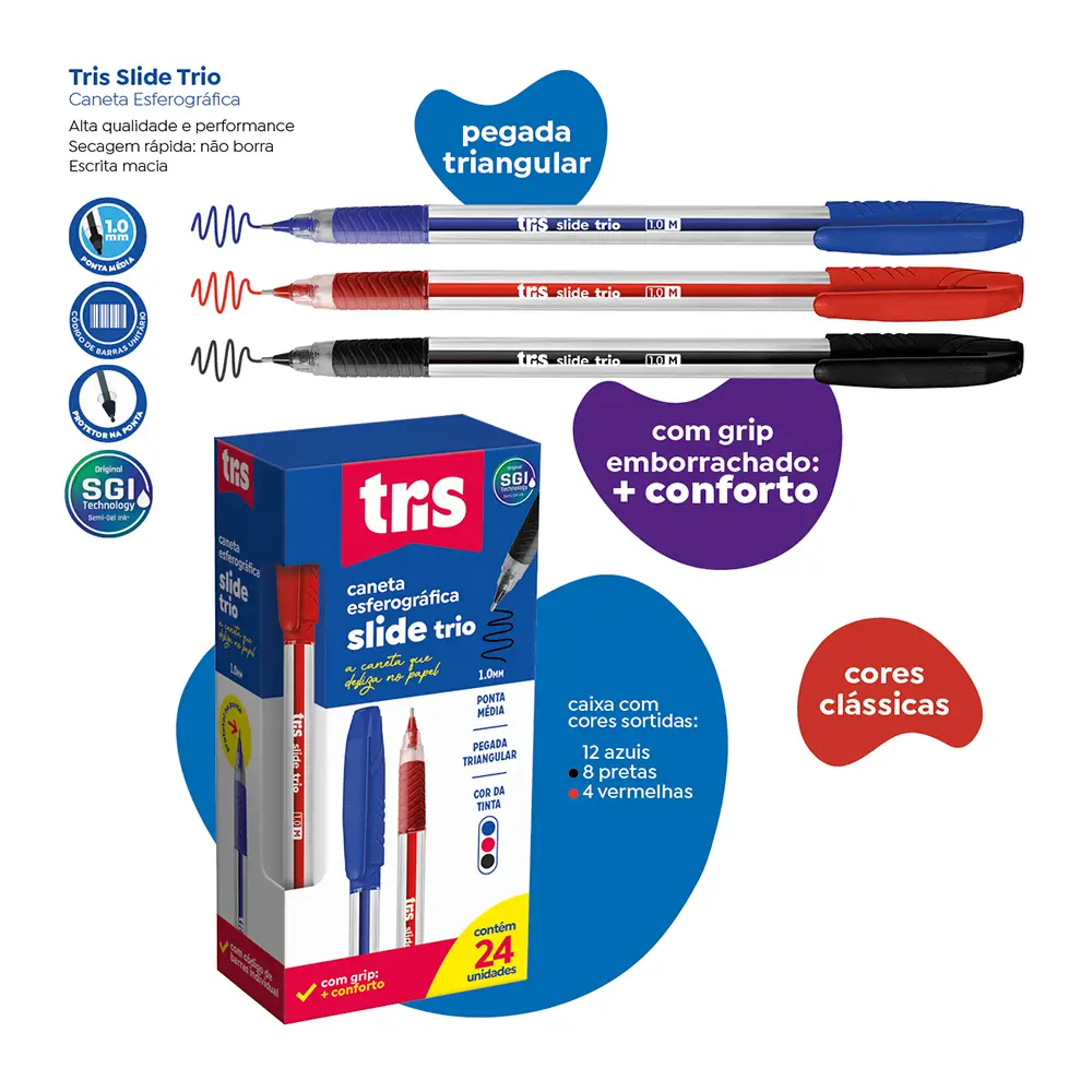 Caneta Esferográfica Slide Trio - Cores Clássicas - 1.0mm - Caixa C/24un - Tris - Imagem 3