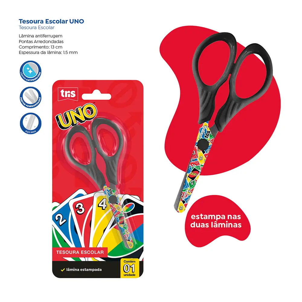 Tesoura Escolar - Lâmina Decorada - 13cm - Cartela C/1 un - Uno - Imagem 3
