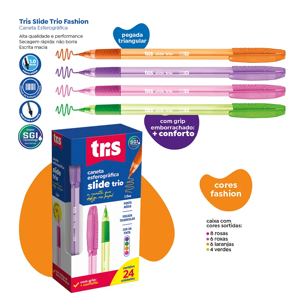 Caneta Esferográfica Slide Trio - Cores Fashion - 1.0mm - Caixa C/24 un- Tris - Imagem 4