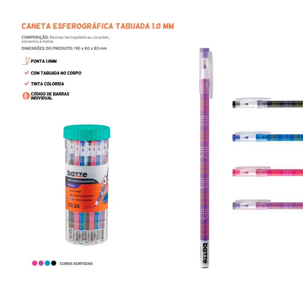 Caneta Esferográfica Tabuada - 1.0mm - Pote C/ 24 un - Bazze - Imagem 3
