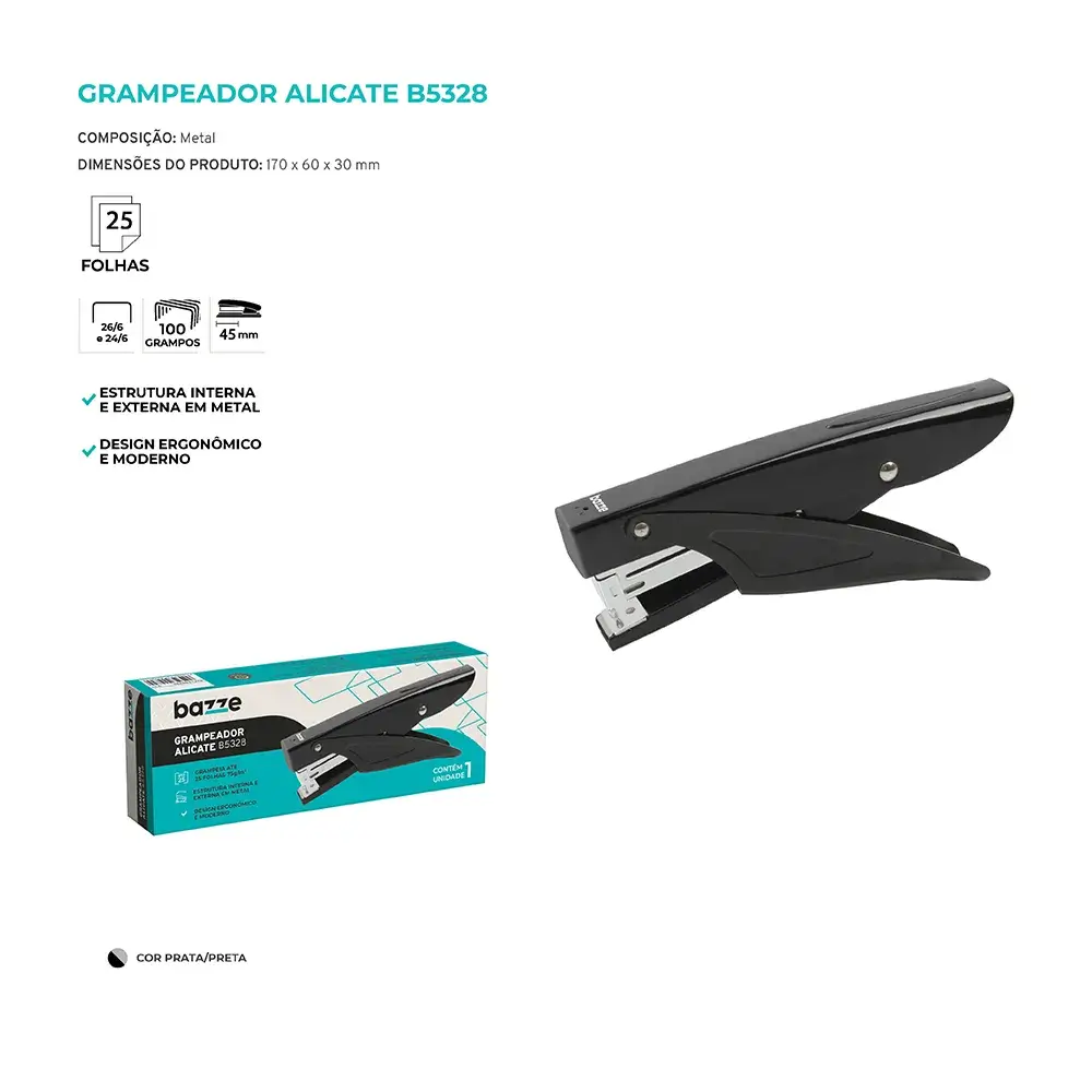 Grampeador Alicate B5328 - 26/6 - Metal Preto - 25 Folhas - Caixa C/ 1un- Bazze - Imagem 3
