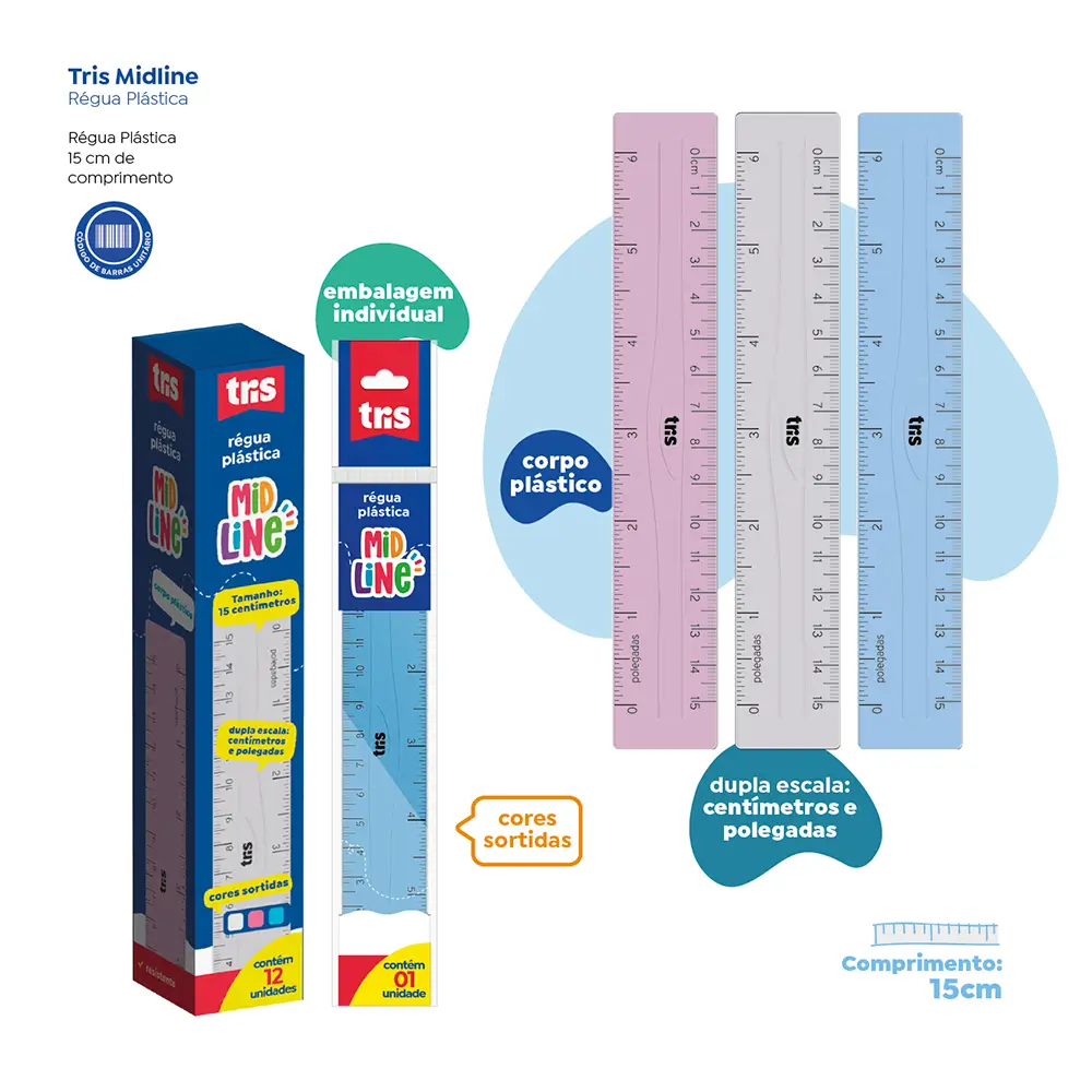 Régua Plástica Midline - 15 cm - Caixa C/ 12un - Tris - Imagem 3