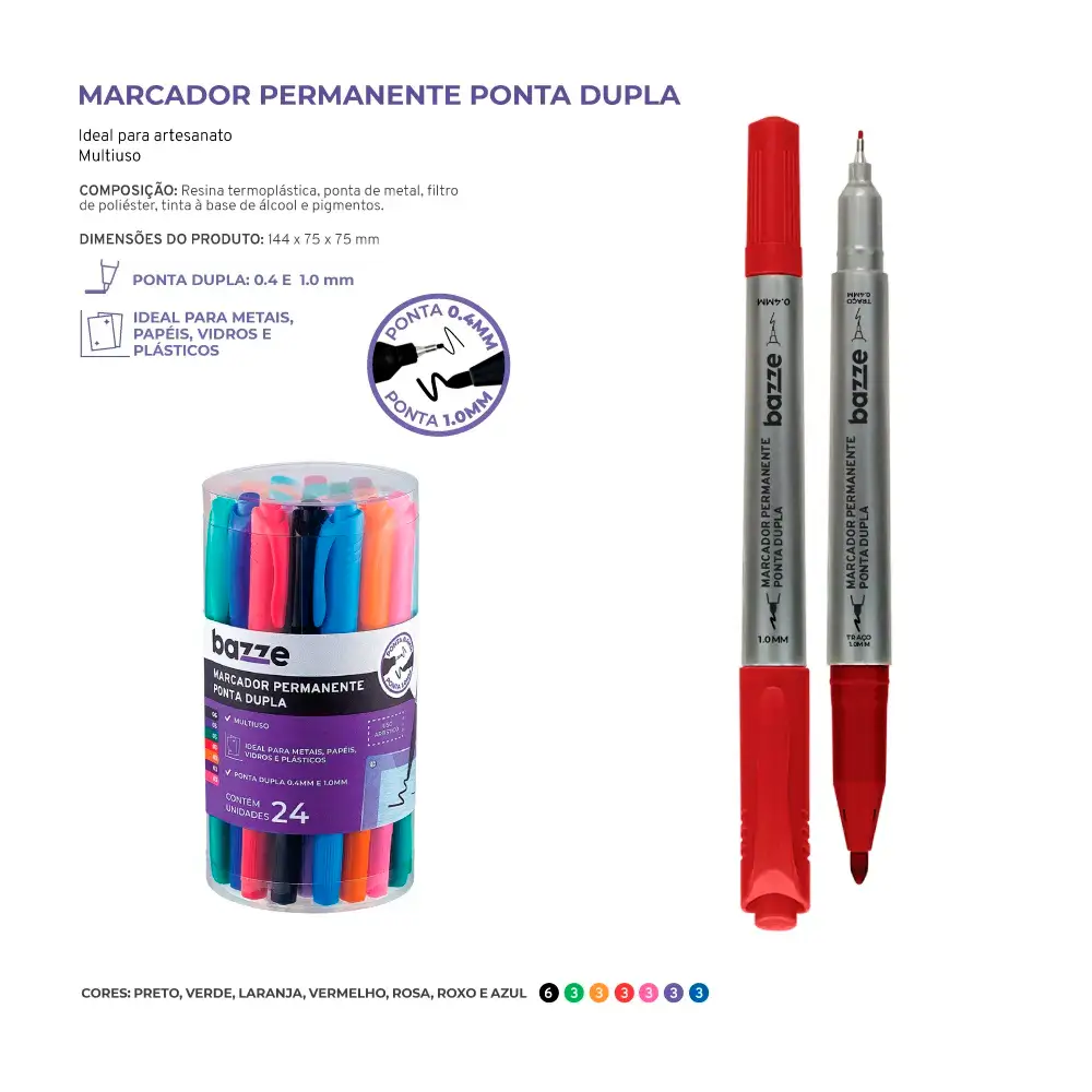 Marcador Permanente Ponta Dupla - 0.4mm e 1.0mm - Pote 24 un - Bazze - Imagem 4