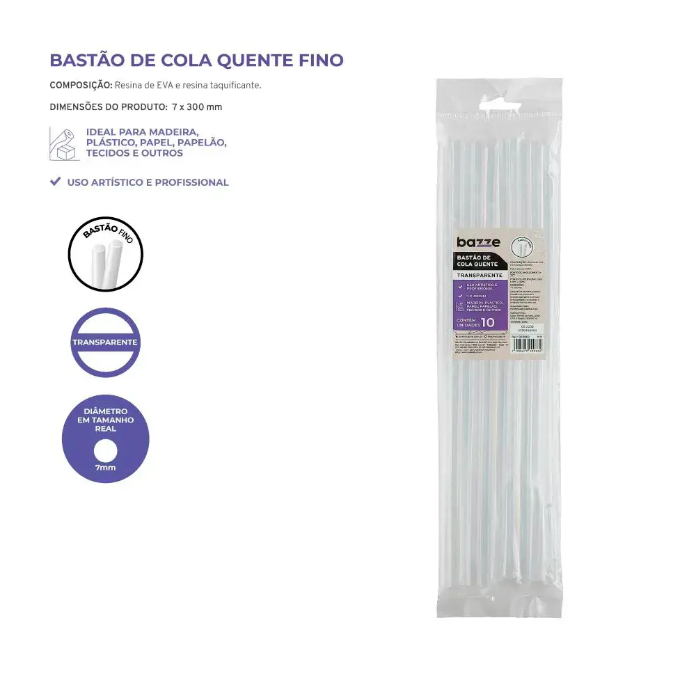 Bastão de Cola Quente Fina - Silicone Transparente - Pacote C/ 10 un -Bazze - Imagem 5