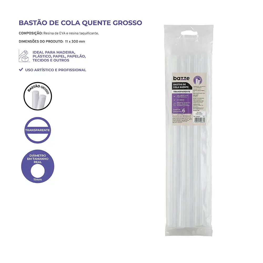 Bastão de Cola Quente Grossa - Silicone Transparente - Pacote C/ 6 un -Bazze - Imagem 4