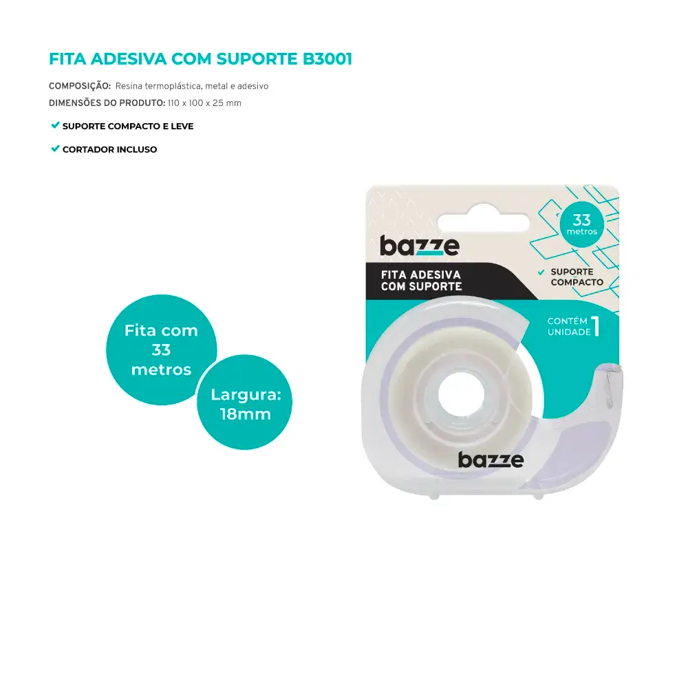 Fita Adesiva Com Suporte B3001 - 18mm X 33m - Cartela C/ 1 un - Bazze - Imagem 4