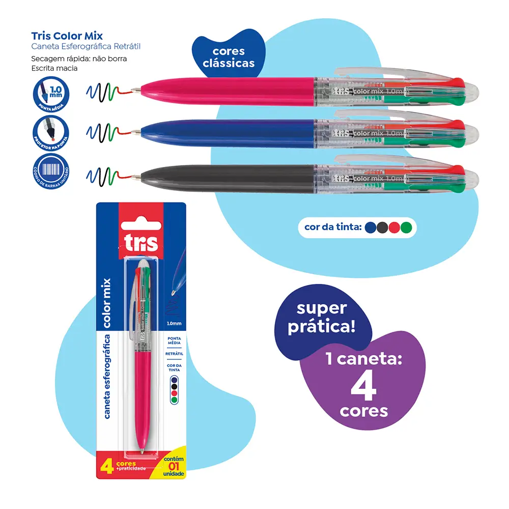 Caneta Esferográfica ColorMix - 1.0mm - 4 cores - Cartela C/ 1 un - Tris - Imagem 5