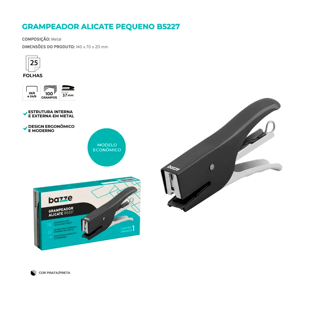 Grampeador Alicate Pequeno B5227 - 26/6 - Metal Preto - 25 Folhas -Caixa C/ 1un - Bazze - Imagem 3