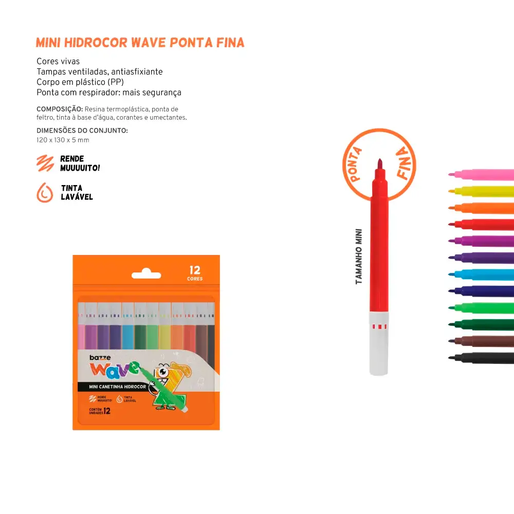 Hidrocor Mini Ponta Fina Wave - 12 Cores – Bazze - Imagem 4