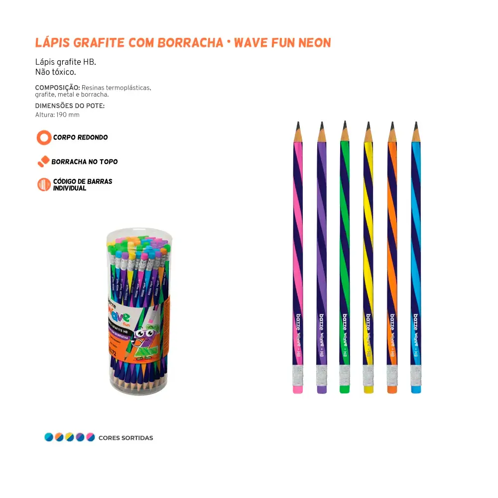 Lápis Grafite com Borracha Wave Fun Neon - HB - Pote 72 un - Bazze - Imagem 3