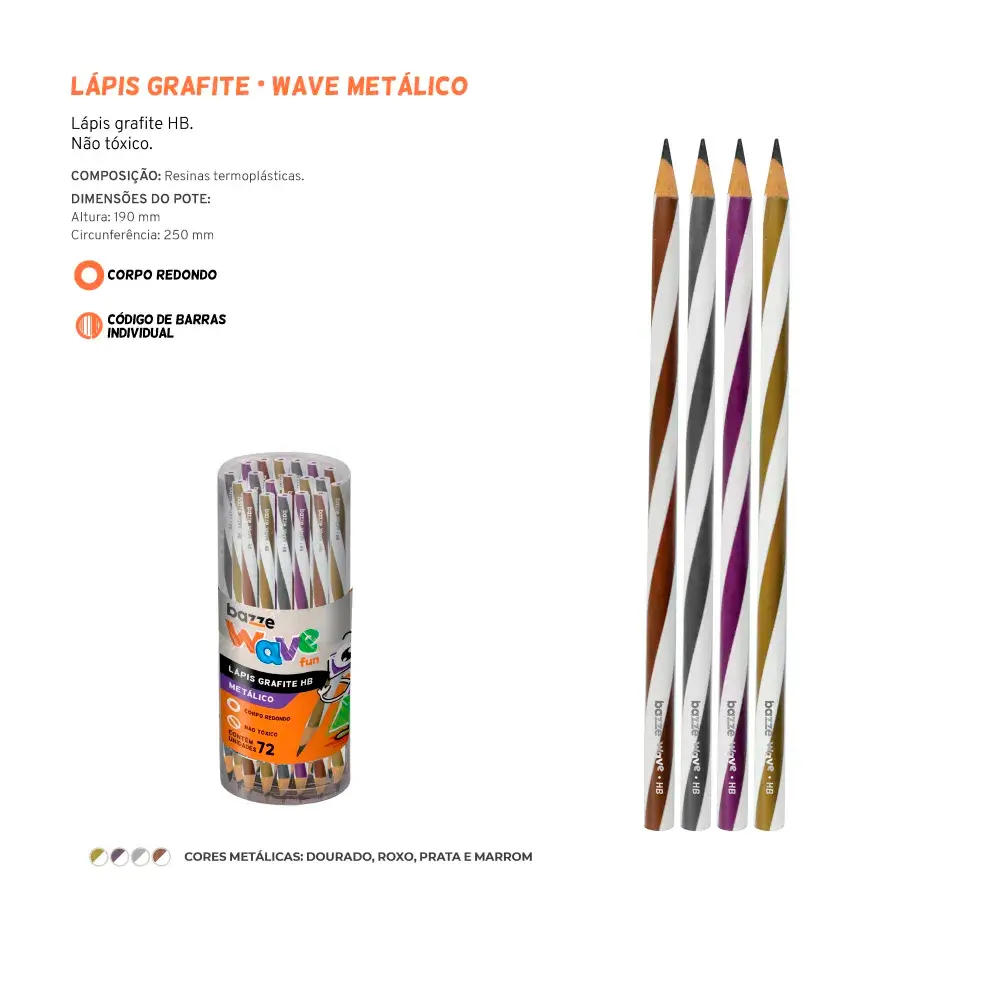 Lápis Grafite Wave Metálico - HB - Pote 72 un - Bazze - Imagem 3