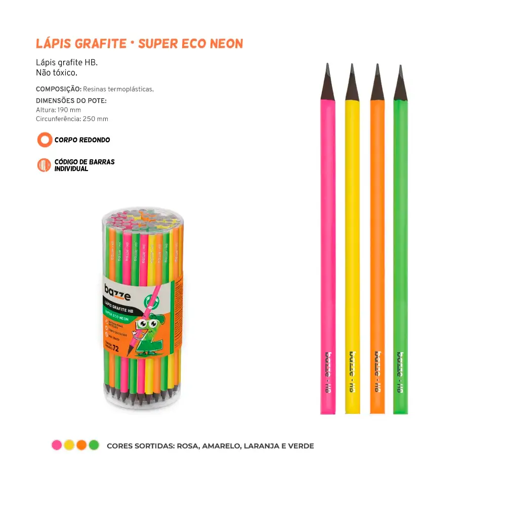 Lápis Grafite Super Eco Neon - HB - Pote 72 un - Bazze - Imagem 3