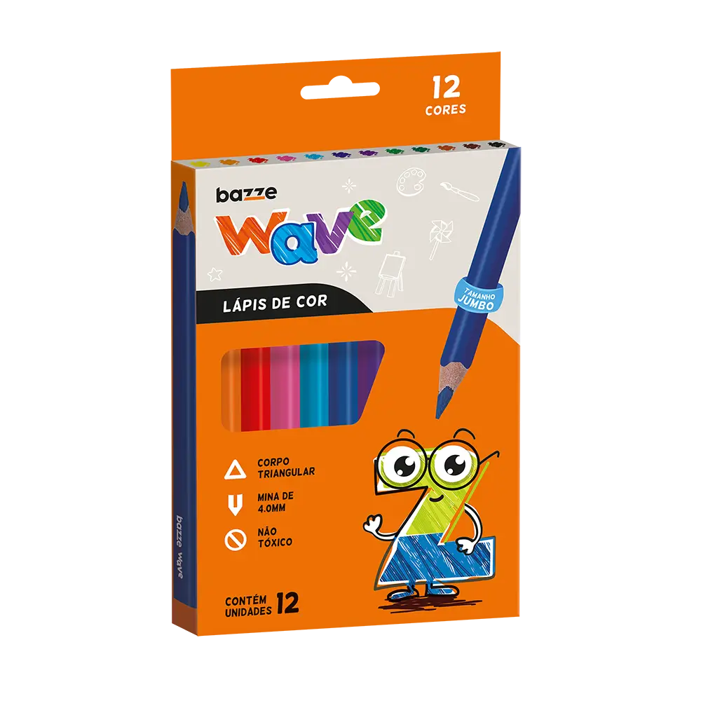 Lápis de Cor Wave Tamanho Jumbo - Triangular - 15CM - 12 Cores - Bazze - Imagem 1