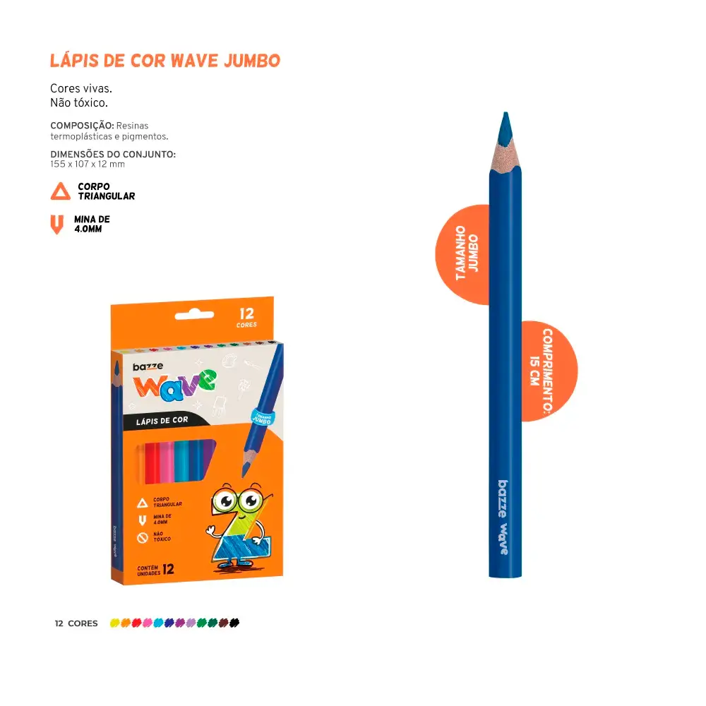 Lápis de Cor Wave Tamanho Jumbo - Triangular - 15CM - 12 Cores - Bazze - Imagem 3