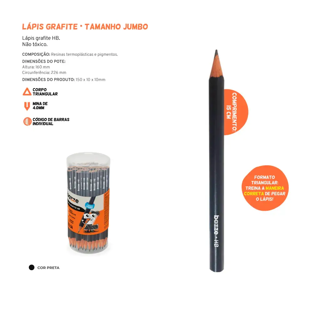 Lápis Grafite Tamanho Jumbo Triangular 15CM - HB - Pote 36 un - Bazze - Imagem 3