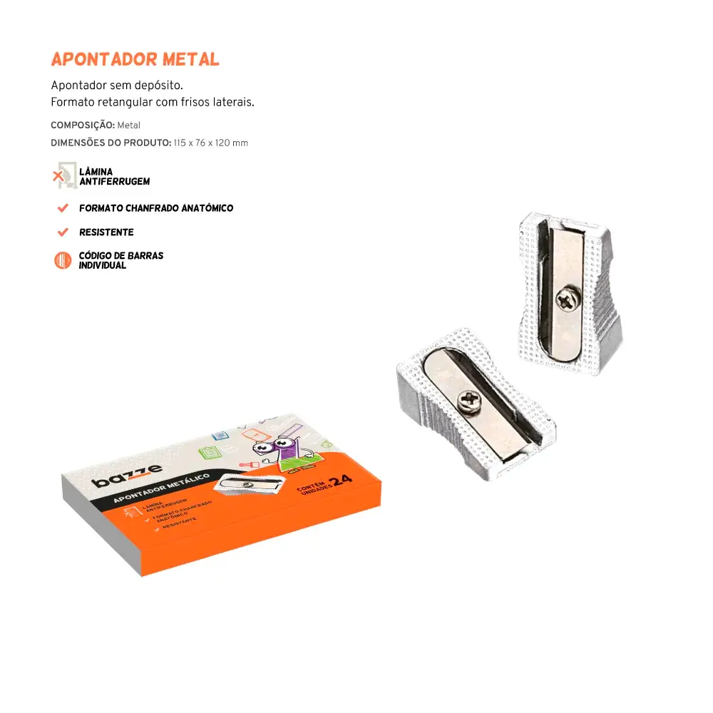 Apontador de Metal - Lâmina Antiferrugem - Caixa C/ 24 un - Bazze - Imagem 3