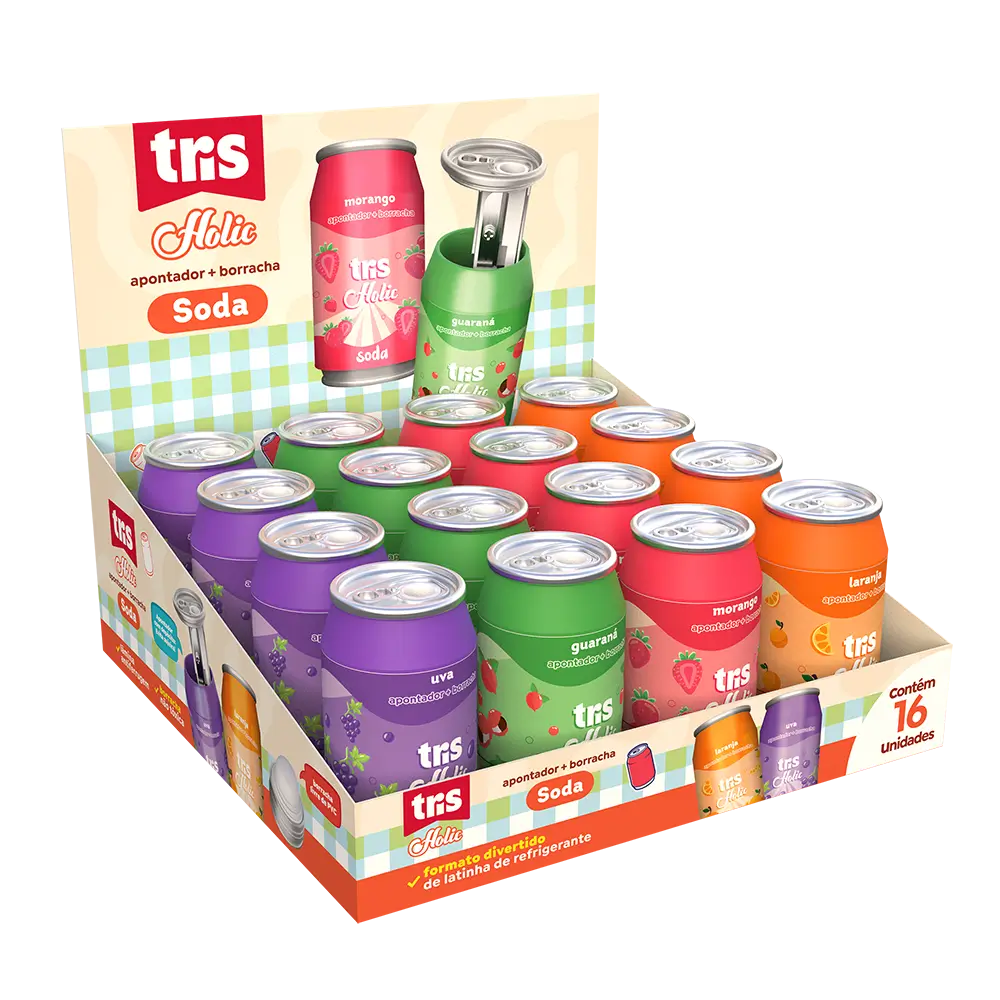 Apontador Com Depósito + Borracha Soda Holic Lanchinhos - Cores Sortidas- Display C/16 un - Tris - Imagem 1