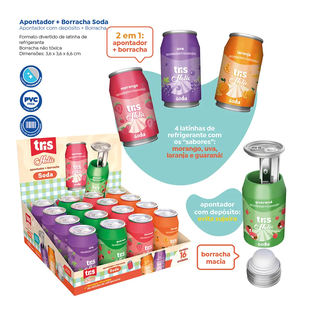 Apontador Com Depósito + Borracha Soda Holic Lanchinhos - Cores Sortidas- Display C/16 un - Tris - Imagem 4