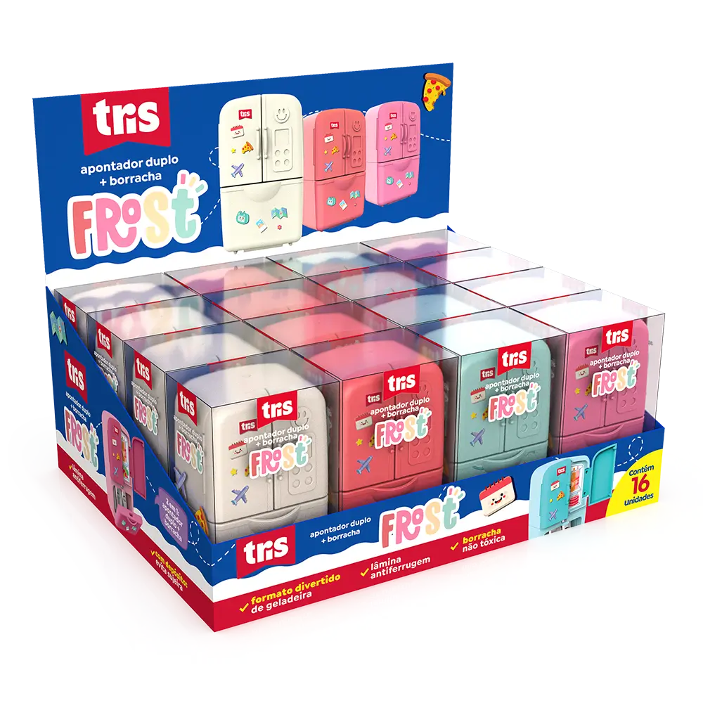 Apontador Duplo com Depósito + Borracha Frost - Cores Sortidas - DisplayC/16 un - Tris - Imagem 1