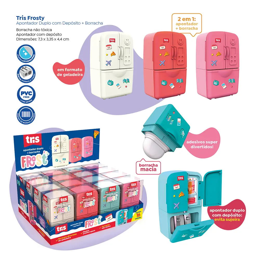 Apontador Duplo com Depósito + Borracha Frost - Cores Sortidas - DisplayC/16 un - Tris - Imagem 4