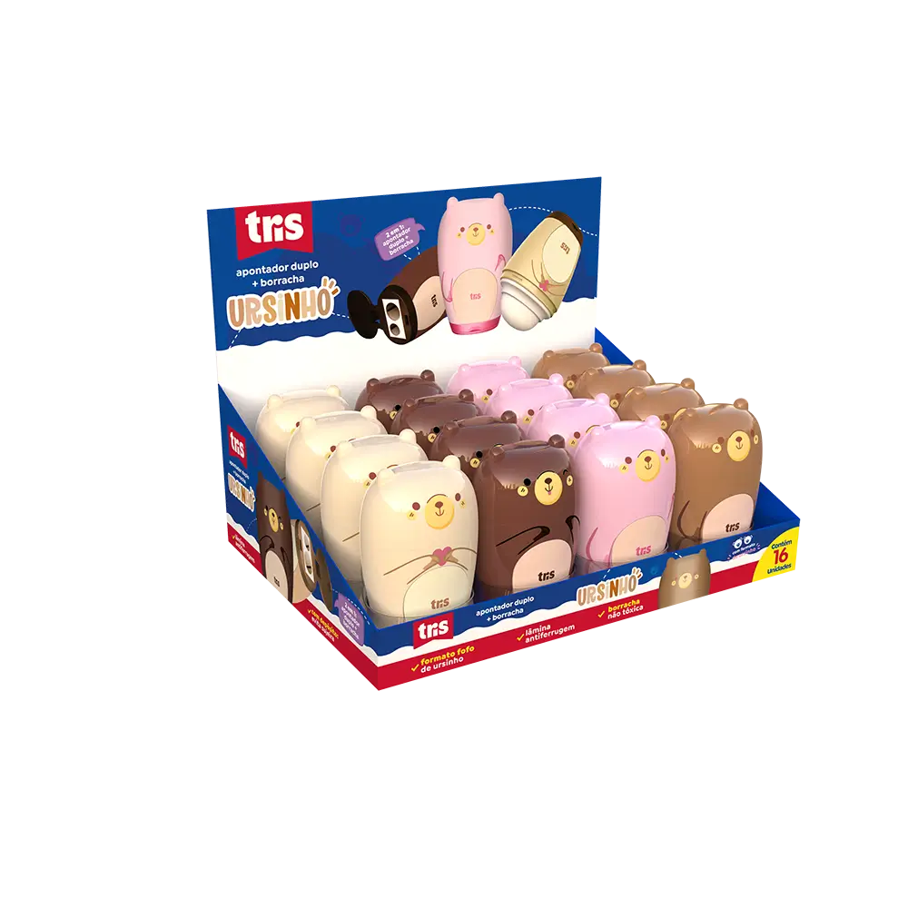 Apontador Duplo com Depósito + Borracha Ursinho - Cores Sortidas -Display C/16 un - Tris - Imagem 1