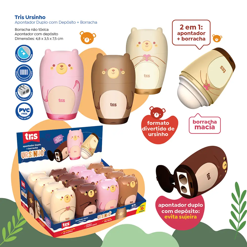 Apontador Duplo com Depósito + Borracha Ursinho - Cores Sortidas -Display C/16 un - Tris - Imagem 7