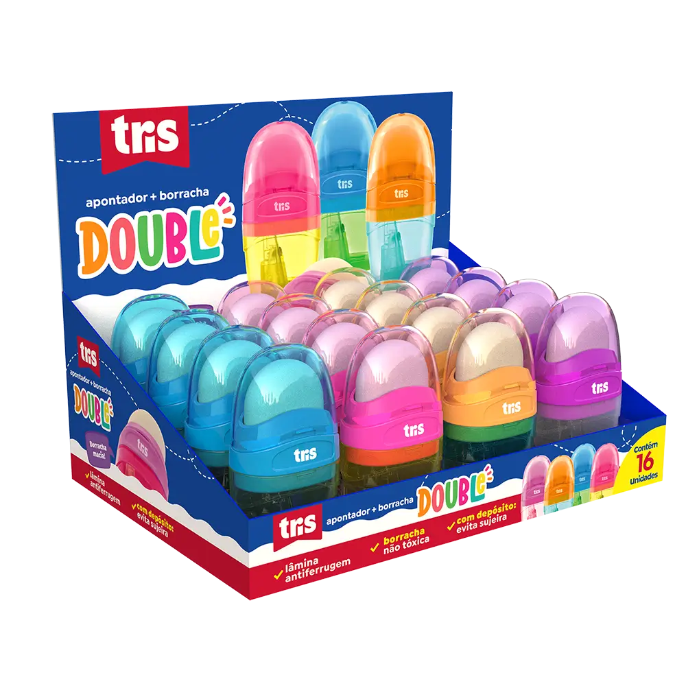 Apontador com Depósito + Borracha Double - Cores Sortidas - Display C/16un - Tris - Imagem 1