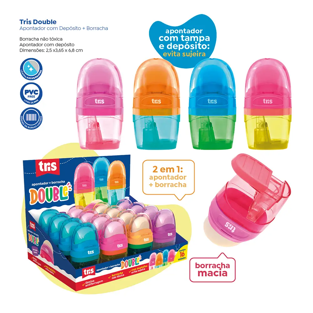 Apontador com Depósito + Borracha Double - Cores Sortidas - Display C/16un - Tris - Imagem 4