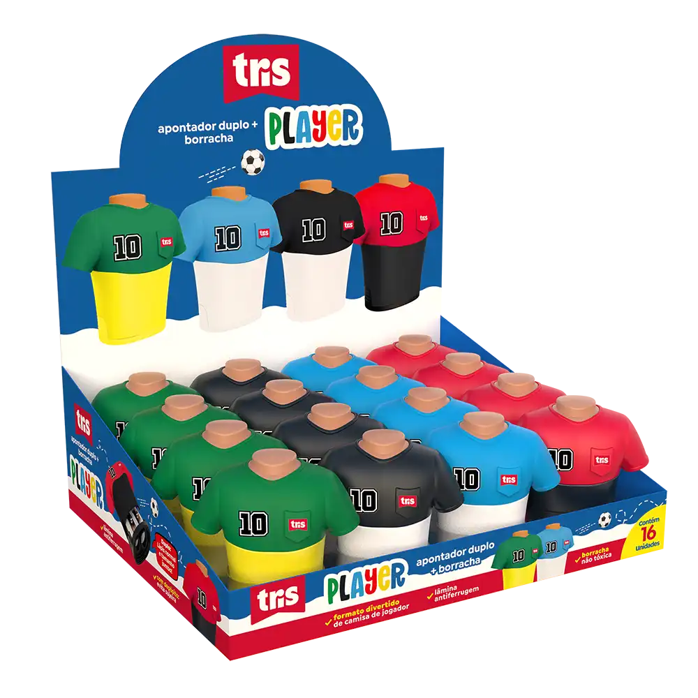 Apontador Duplo com Depósito + Borracha Player - Cores Sortidas -Display C/16 un - Tris - Imagem 1