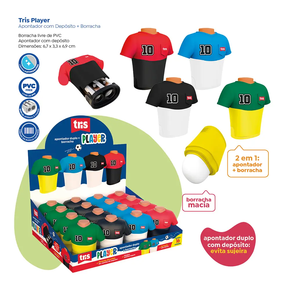 Apontador Duplo com Depósito + Borracha Player - Cores Sortidas -Display C/16 un - Tris - Imagem 4
