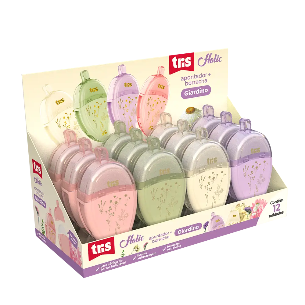 Apontador Com Depósito + Borracha Giardino Holic Delicata - CoresSortidas - Display C/12 un - Tris - Imagem 1