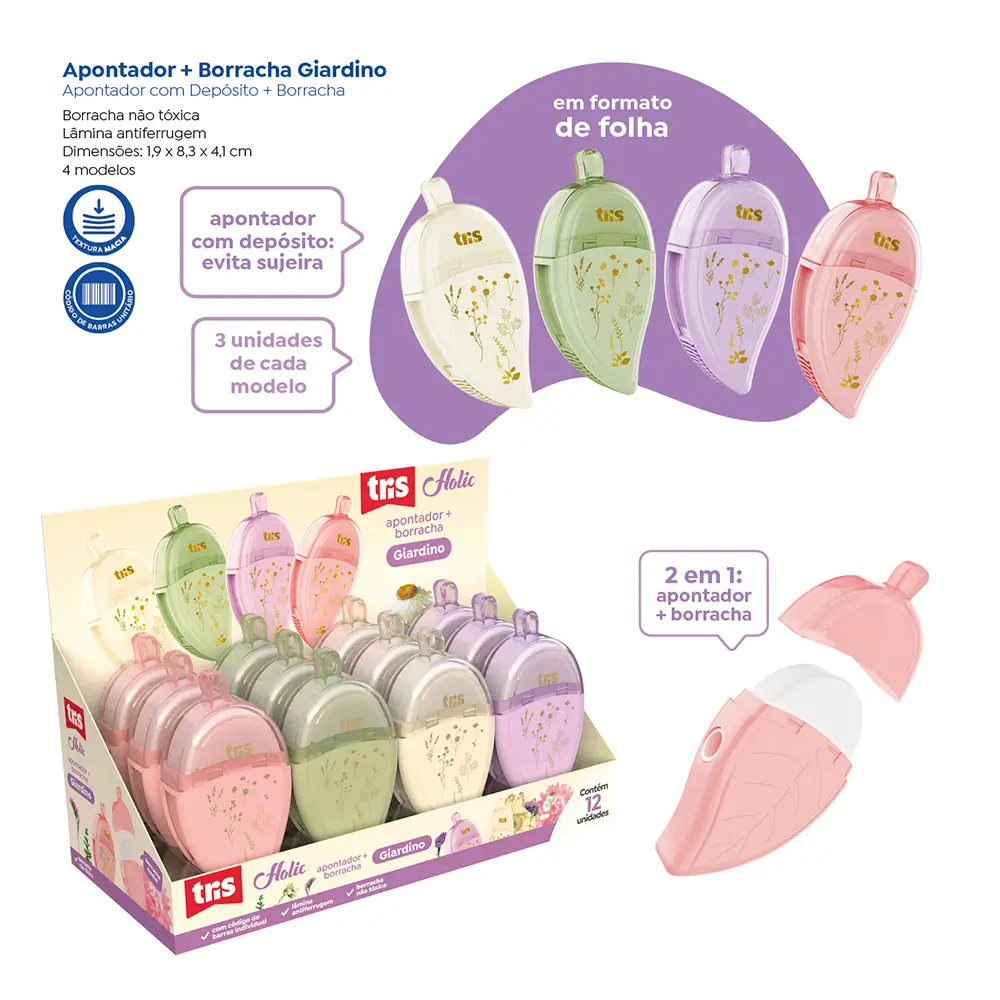 Apontador Com Depósito + Borracha Giardino Holic Delicata - CoresSortidas - Display C/12 un - Tris - Imagem 6